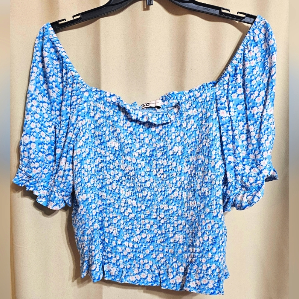 Light Blue Floral Off Shoulder Summer Crop Top with Smocked Texture by SO. New